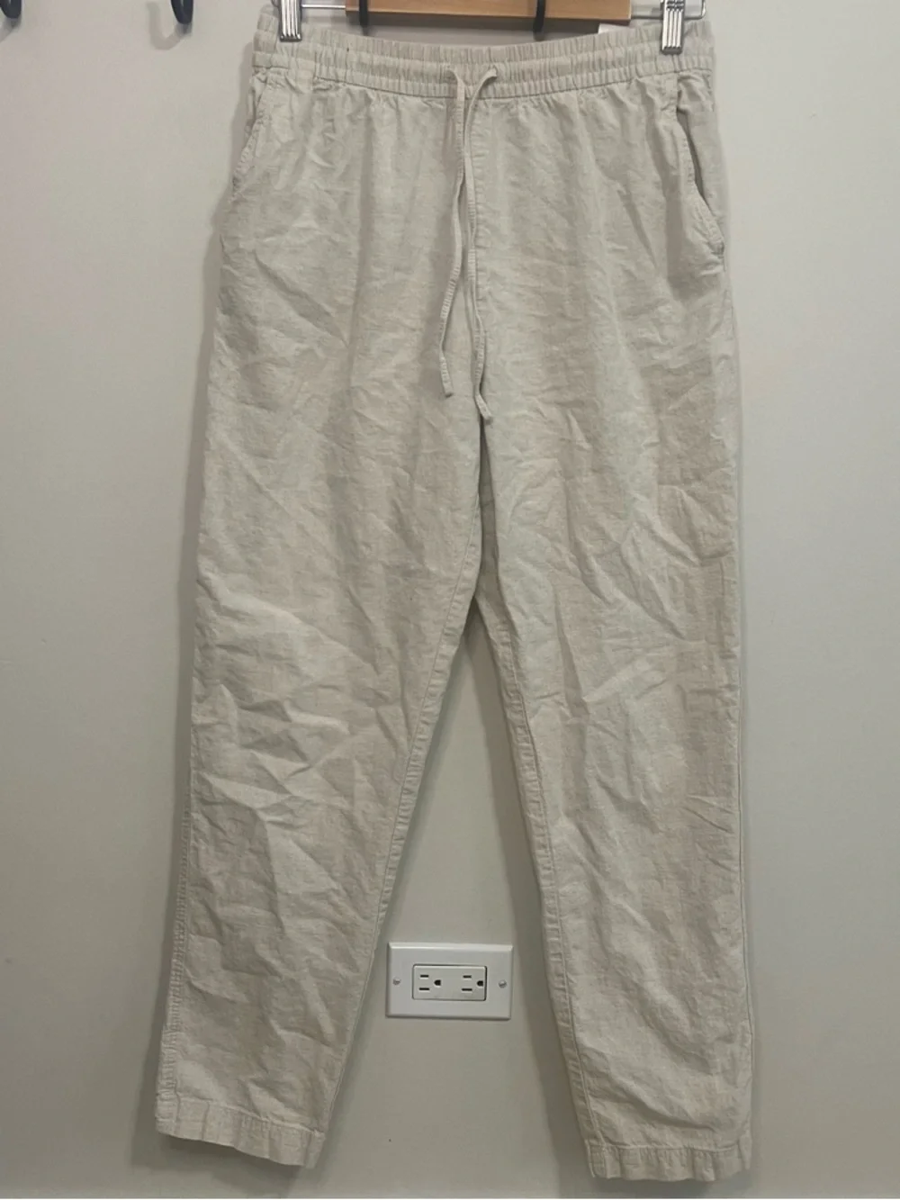 H&M Women’s Straight Leg High Waisted Drawstring Linen-Blend Pants - Cream
